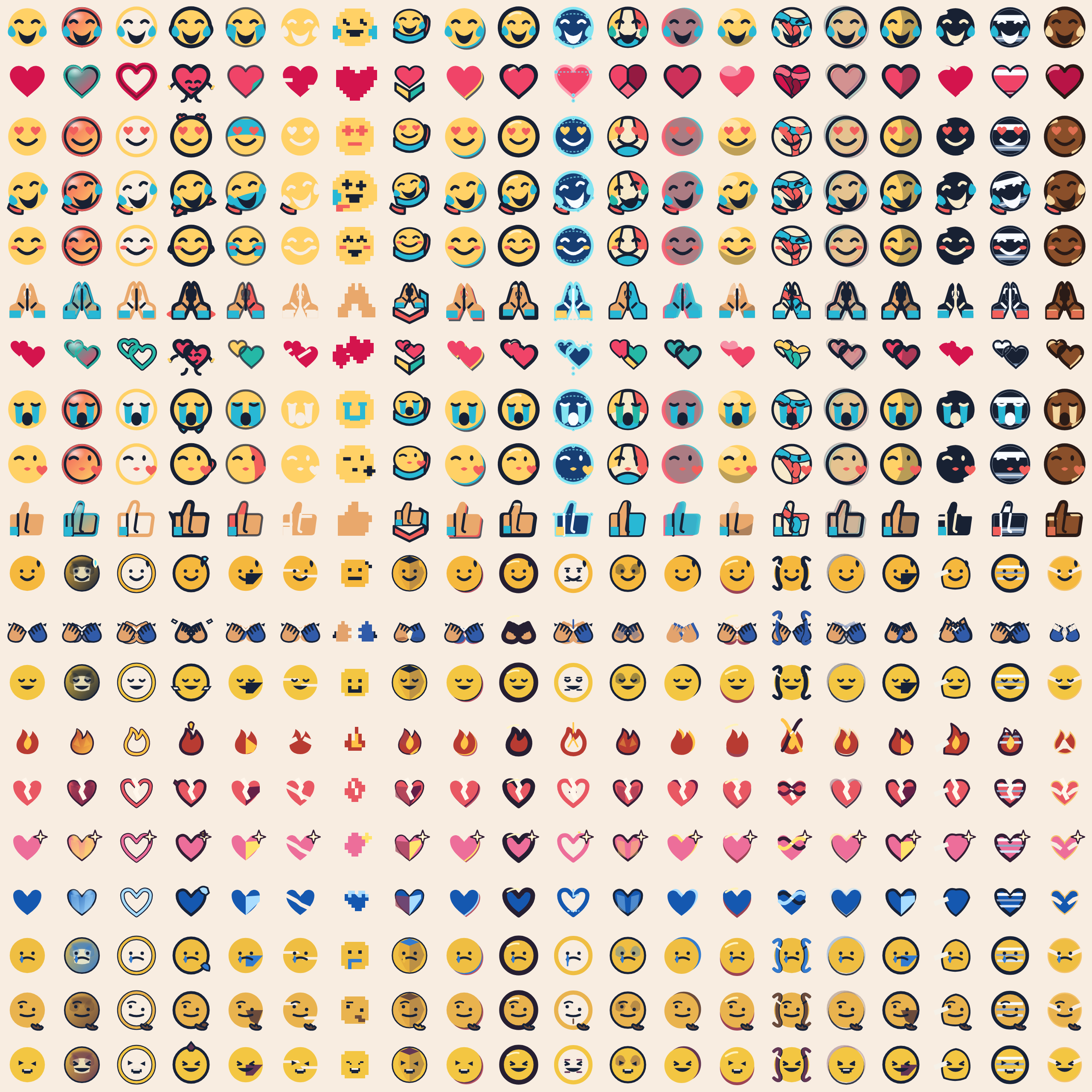 Complete 20 by 20 field of 400 original clean-room emoji practice specimens arranged by meaning and construction grammar