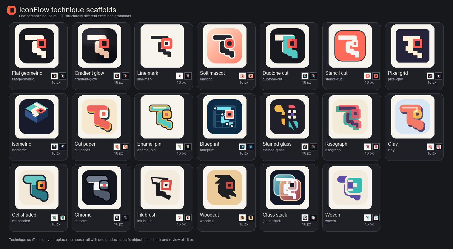 All twenty IconFlow technique scaffolds with native 16 pixel proofs